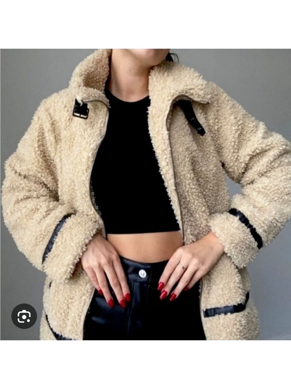 Steve Madden Tan Teddy Jacket with Black Moto Details